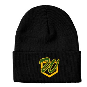 Black beanie with a yellow and green stylized "W" logo on the front, featuring a folded brim.